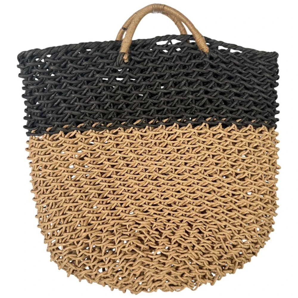 Unbranded Woven Straw Tote Bag Black Tan Colorblock Beach Market Shopper Large